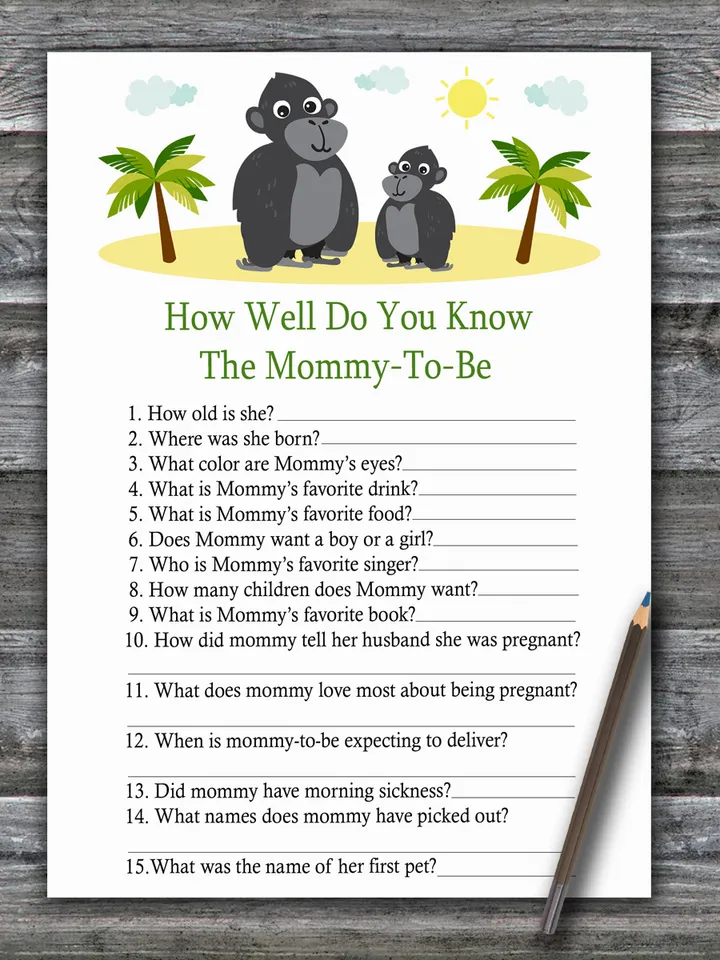 Gorilla How well do you know baby shower game card,Jungle Baby shower ...