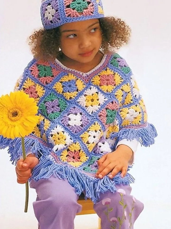 Crochet kids  poncho, granny squares poncho, girl poncho crochet pattern pdf