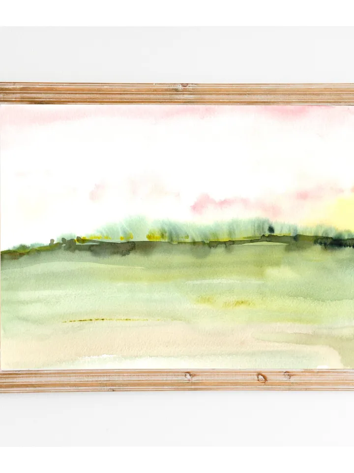 Pink Green Landscape Watercolor Painting,Neutral Maximalist Pink Art,Horizontal Art, Minimalist Landscape Wall Art, Pink Wall Decor