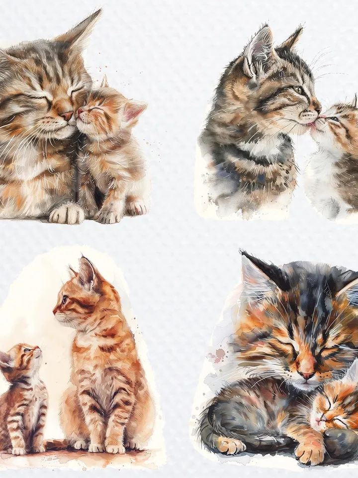 16 Cat and Kitten PNG Bundle, Kitten Love Printable Watercolor clipart, High Quality PNGs, Digital download, Paper craft, junk journal