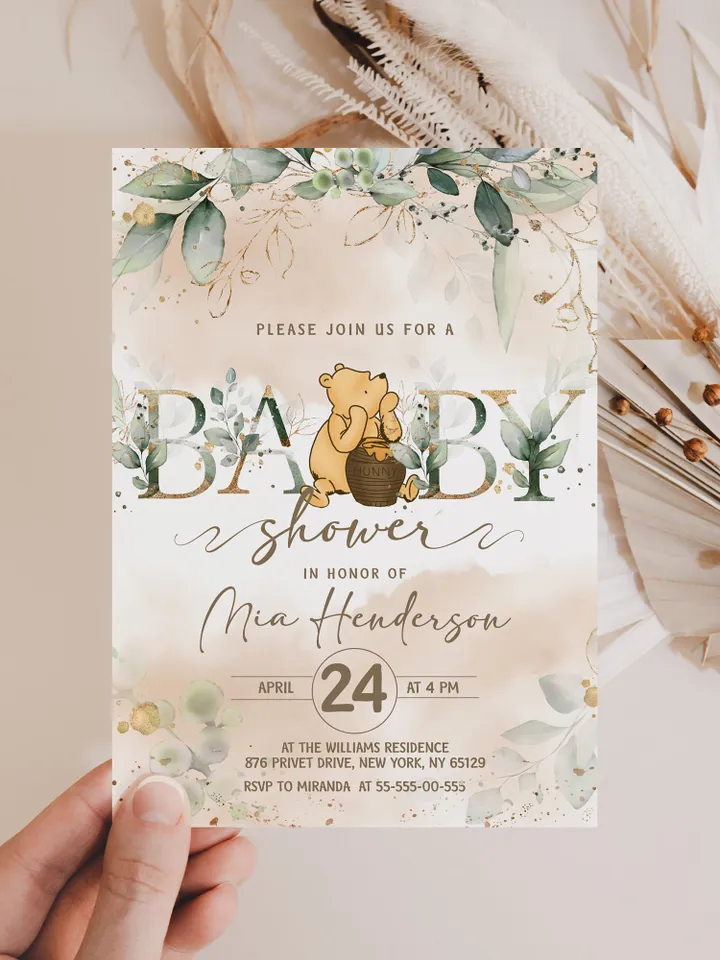 Classic Winnie Pooh Baby Shower Invitation; Neutral Baby Shower Template; Wizard Baby Shower Invite; Honey Bear Invite; Winnie Pooh wp4