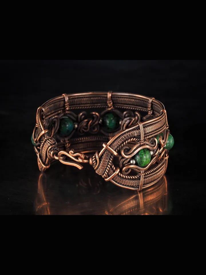 Copper wire wrapped bracelet with chrysocolla for lady Antique style WireWrapArt