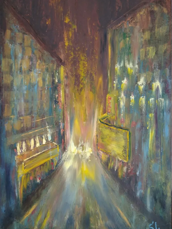 Oil painting with night city and lanterns, original art, night on the city streets, cardboard 12x8 inches