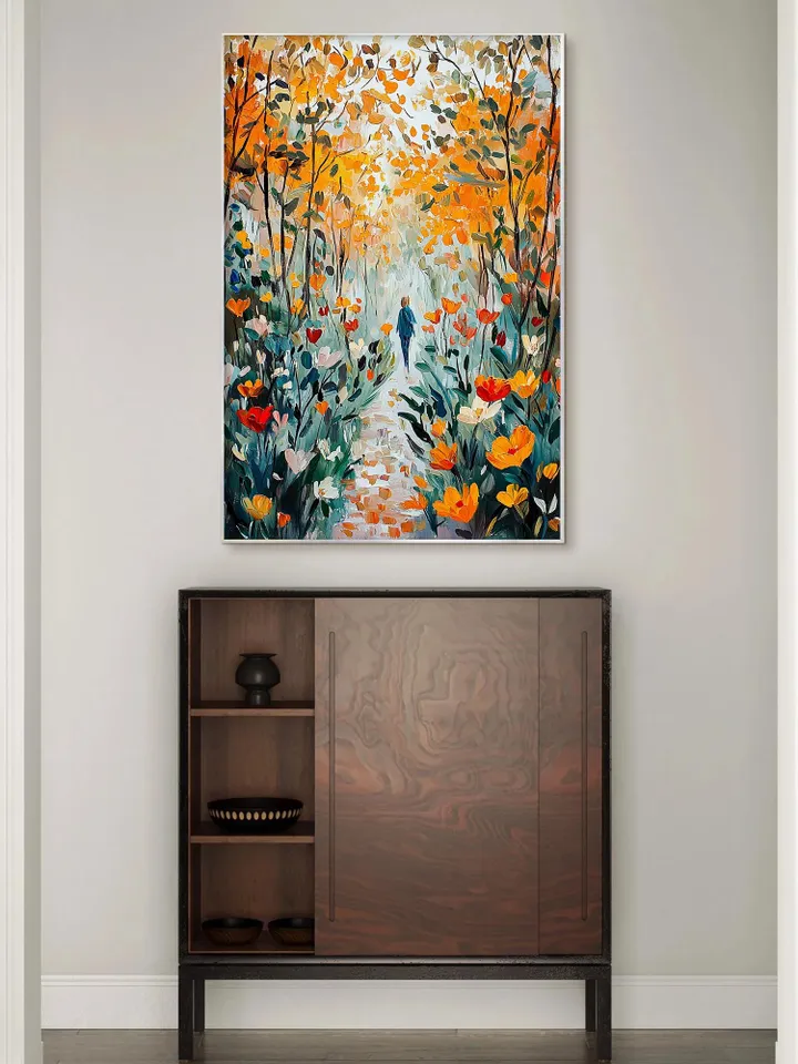 Impasto Autumn Forest Path Oil Painting on Canvas, Woman Walking in Woods, Textured 3D Landscape Art, Nature Wall Art Decor,Fall Foliage Art