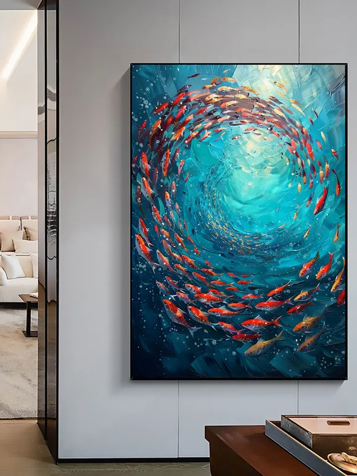 Original School of Fish Oil Painting On Canvas, Abstract Blue Underwater World Art, Ocean Painting, Living Room Wall Art, Custom Painting