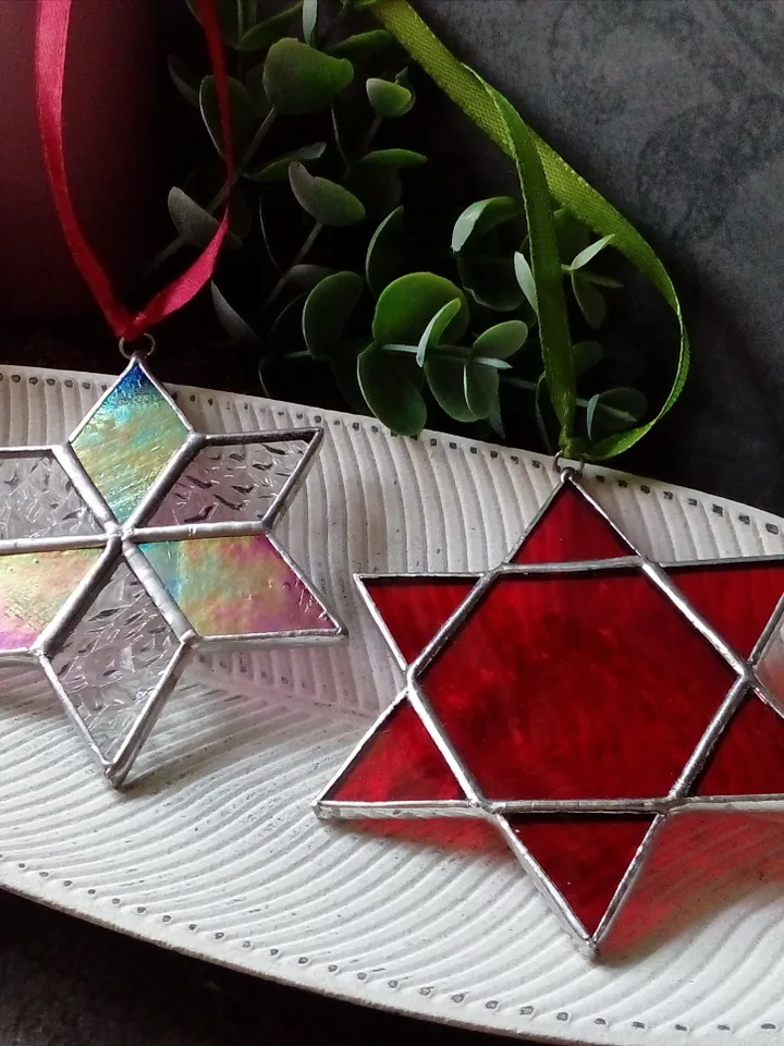 Set of 2 snowflake suncatchers, christmas ornaments, simple stained glass, Christmas decorations, Xmas tree star