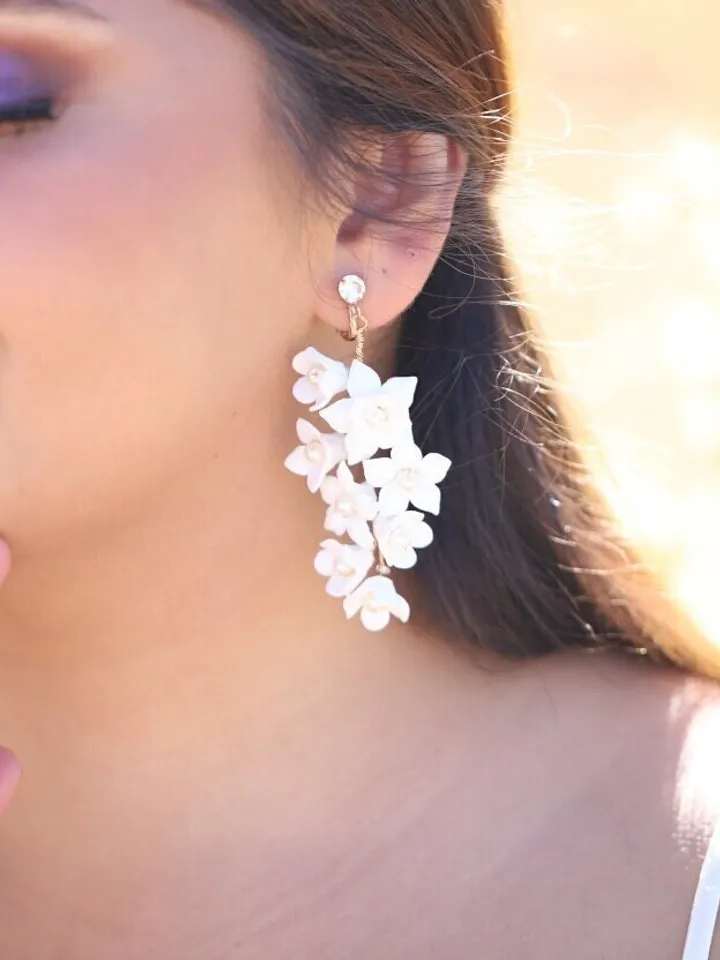 Delicate Full Porcelain Flower and Leaf Boho Wedding Earrings For Brides, Floral Bridal Earrings, Statement Wedding Jewelry, Bridal Jewelry