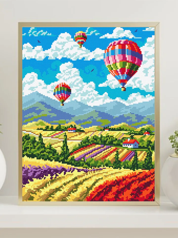 Hot air balloon over flower fields cross stitch pattern PDF download Nature cross stitch chart, Nature pattern digital PDF, Home decor #L73