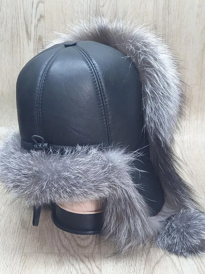 Women's Silver Fox Hat. Fur hat for Winter. Top of the hat is genuine leather. Hat with a pompom. Model Zimushka, Warm, Comfortable, Fashion