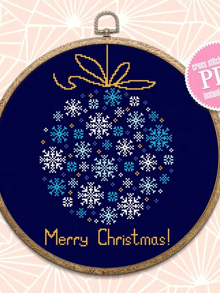 Merry Christmas cross stitch pattern download PDF Snowflake ornament cross stitch chart Christmas pattern digital Holiday embroidery #N45