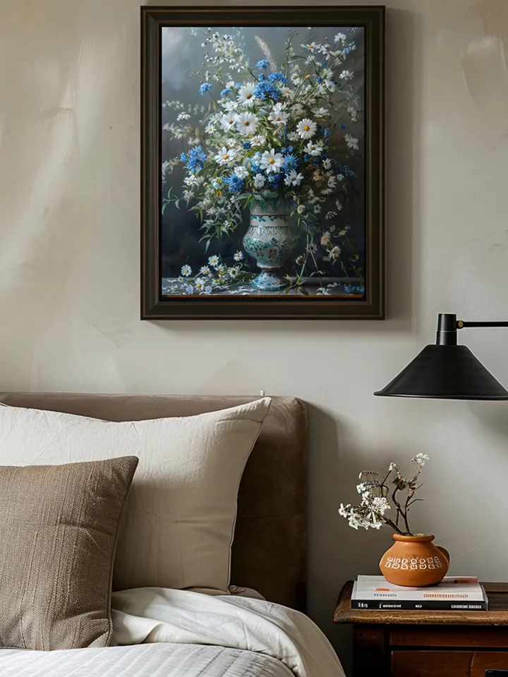 Digital Art, Abstract Painting with Blue Wildflowers, Wall Art Decor 3:4, Digital Print, Flowers in Vase