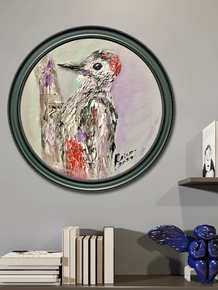 Woodpecker original oil impasto painting on round canvas,birds oil painting,kids or game room decoration,unique gift.