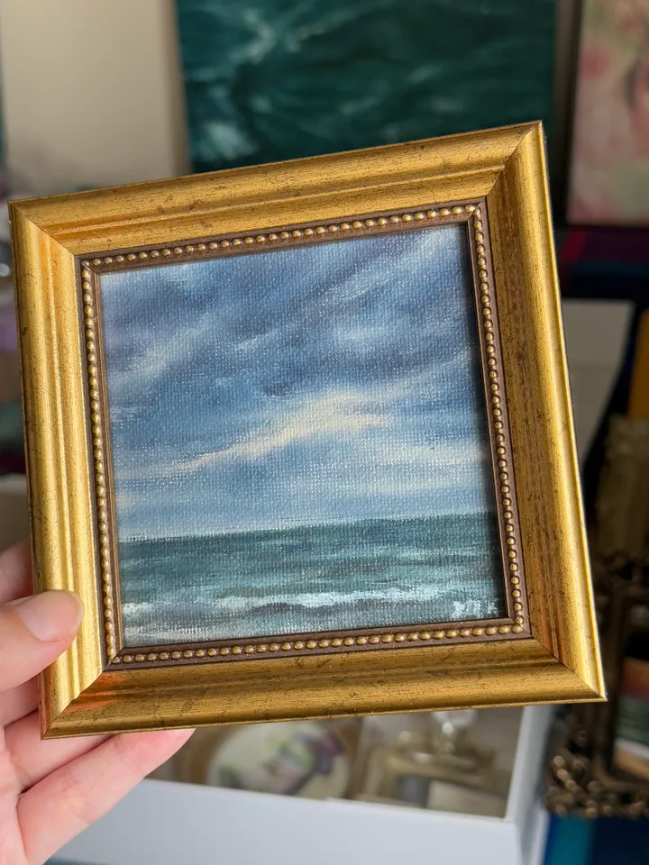 Small Landscape Painting On Canvas Framed Original Coastal Painting Antique Cloud Art Beach Gold Frame Paintings 4 x 4 Art Victorian