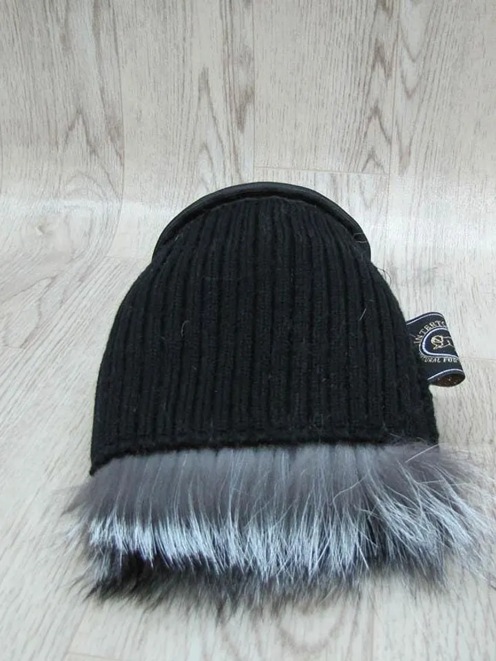 Women's fur hat made of silver fox with arctic fox. Warm hat for winter. Silver hat with black. Sits comfortably on the head
