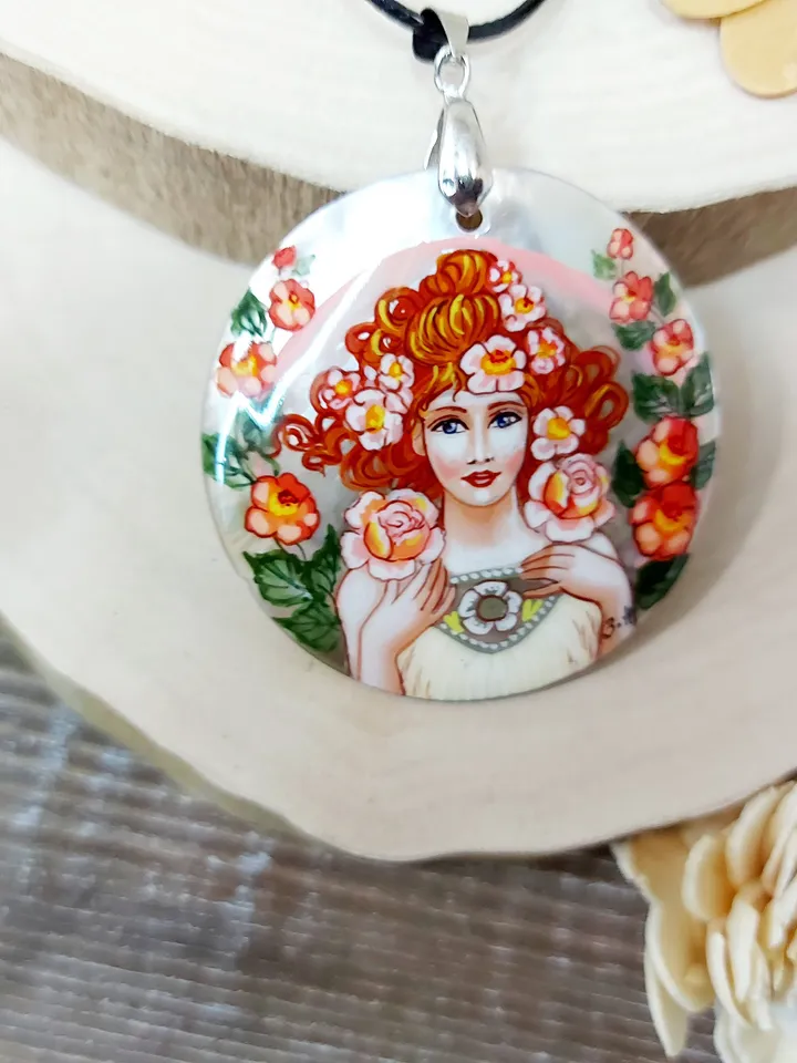 Pearl pendant necklace: Rose by Alphonse Mucha on aesthetic pendant. Handmade Floral jewelry with abalone mother-of-pearl. Gift for mother