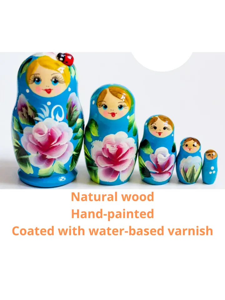 Matryoshka wooden 4,3” souvenir. Set of 5 dolls in 1.