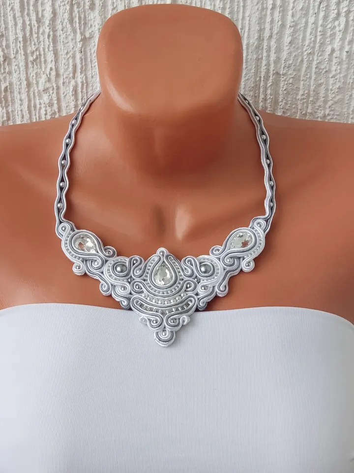 Bridal necklace, White necklace, Wedding jewelry, Bead Embroidered Soutache necklace Rhinestone beaded necklace