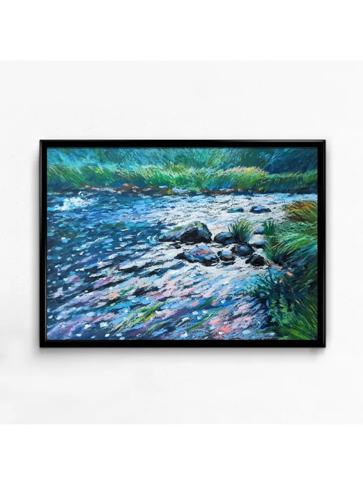 Summer landscape with a forest river, Fast river, Original oil pastel drawing on A4 kraft paper
