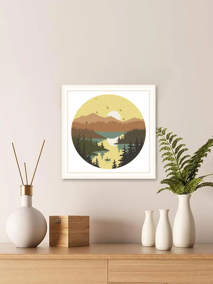 Nature cross stitch pattern download PDF Mountain landscape cross stitch Sunset xstitch chart Wildlife pattern digital PDF Lake xstitch #L30