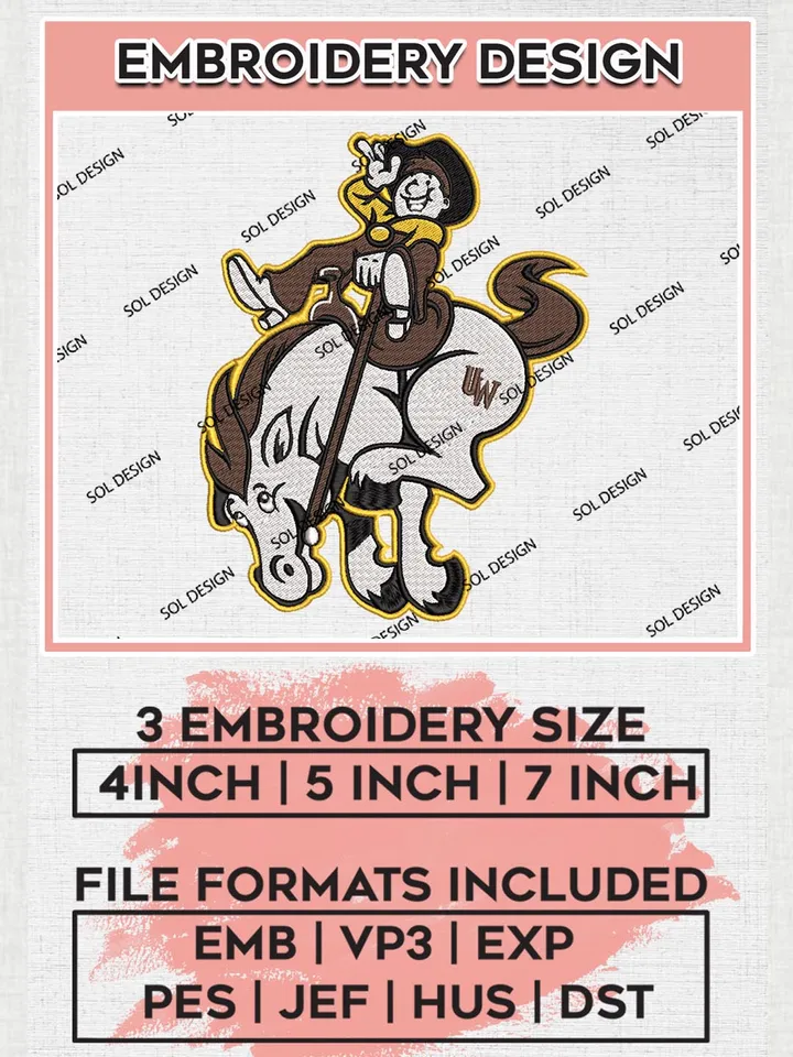 NCAA Wyoming Cowboys Mascot Embroidery design Files, NCAA Wyoming Cowboys Team Embroidery, NCAA Wyoming Cowboys Machine embroidery designs, Digital Download