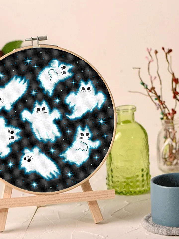 Ghost cat cross stitch pattern PDF download Funny cat ghost cross stitch chart, Halloween embroidery decor, Halloween Cat for cat lover #H66