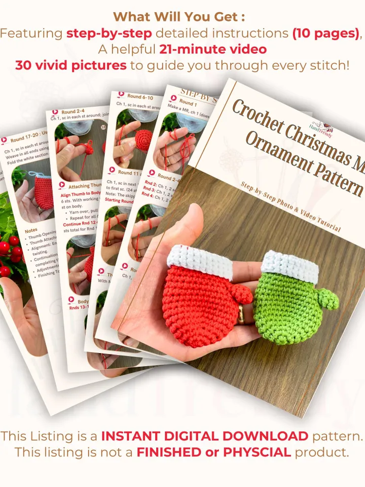 Crochet Christmas Mitten Ornament Pattern, DIY Holiday Amigurumi Decoration, Red Festive Crochet Gift Tutorial PDF