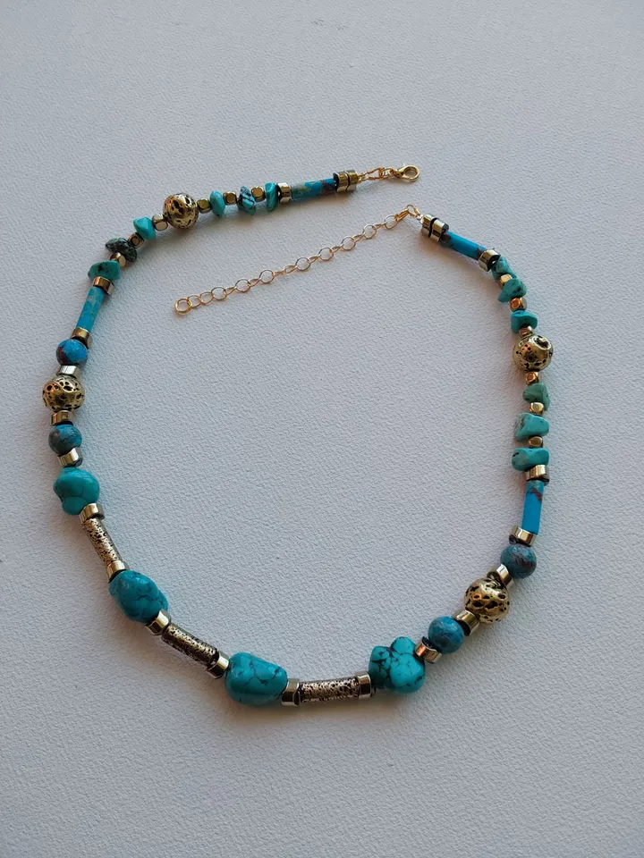 Choker, necklace, beads made of turquoise, volcanic lava, tinted in antique gold colorand, gilded hematite. Length 42-50cm