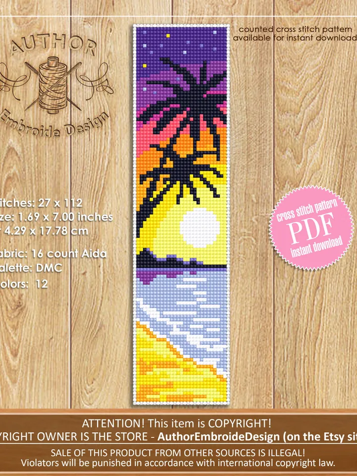 Beach Bookmark set cross stitch pattern download PDF Handmade bookmark pattern digital PDF, Palm tree cross stitch Summer, Sea, Nature #B116