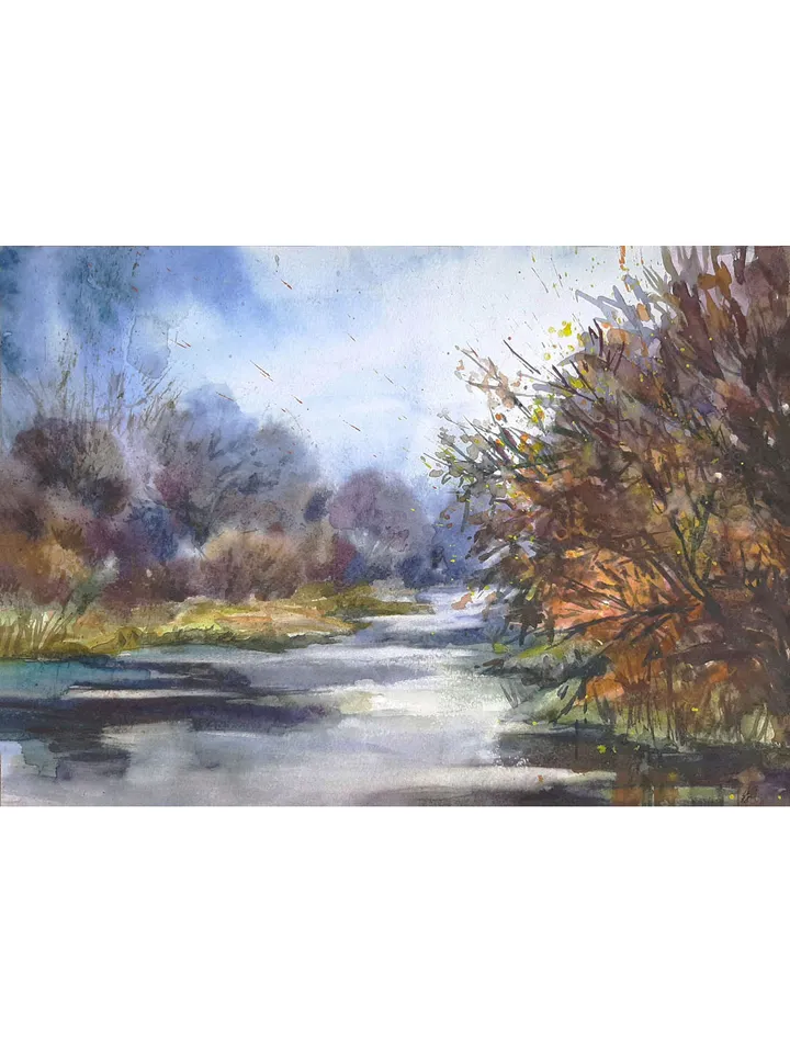 Autumn Pond Foggy Morning Melancholy Autumn ORIGINAL Watercolor Art 8x11 inches Signed by artist Marina Chuchko