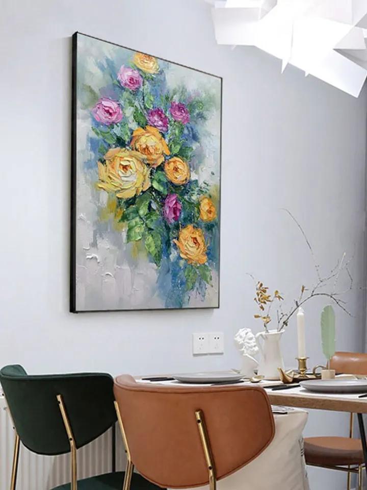 Original Rose Oil Painting On Canvas, Abstract Yellow Peony Flower Painting, Large Wall Art, Living Room Wall Decor, Custom Acrylic Painting