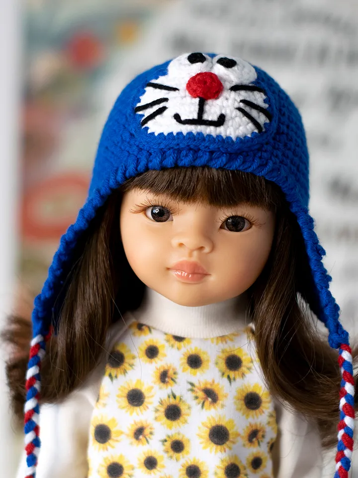 Cat Doraemon hat for 13" dolls Paola Reina, Meadowdolls Dumplings, Siblies, Little Darling, doll outfit for Halloween
