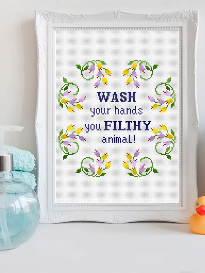 Snarky cross stitch pattern PDF download Wash your hands Funny cross stitch design Floral wreath xstitch chart Framed quote embroidery #Q27
