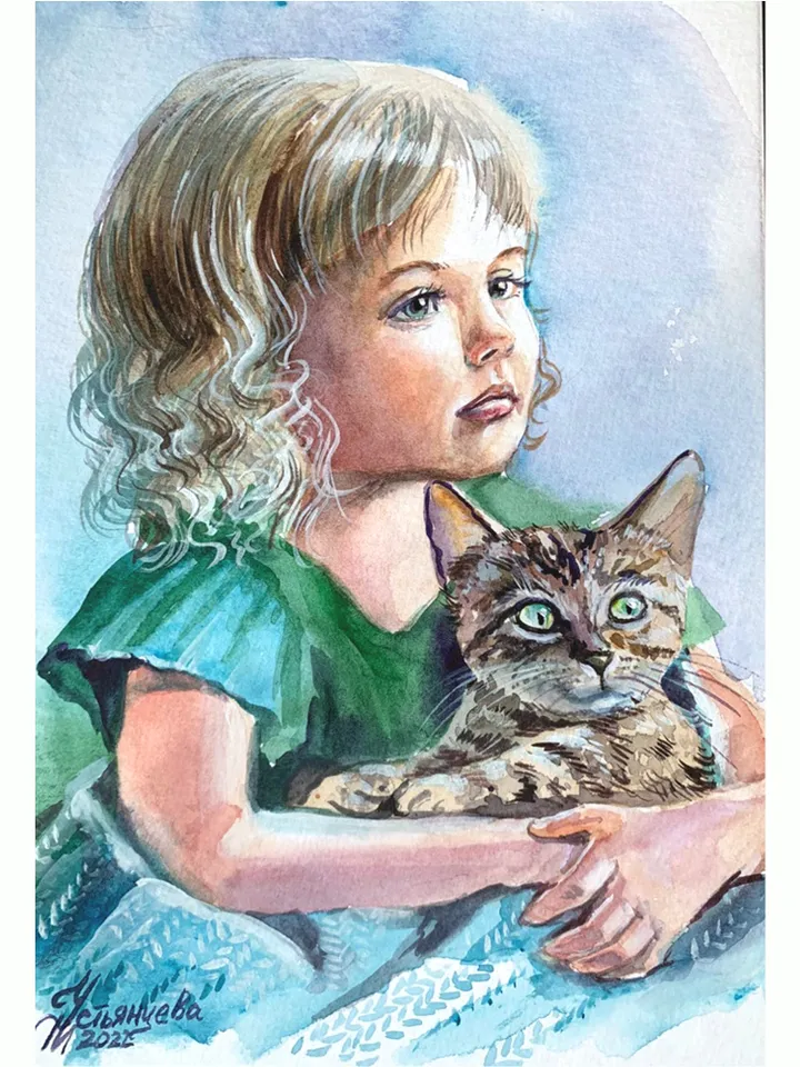 A girl with a kitten, watercolor painting, Portrait of a little girl