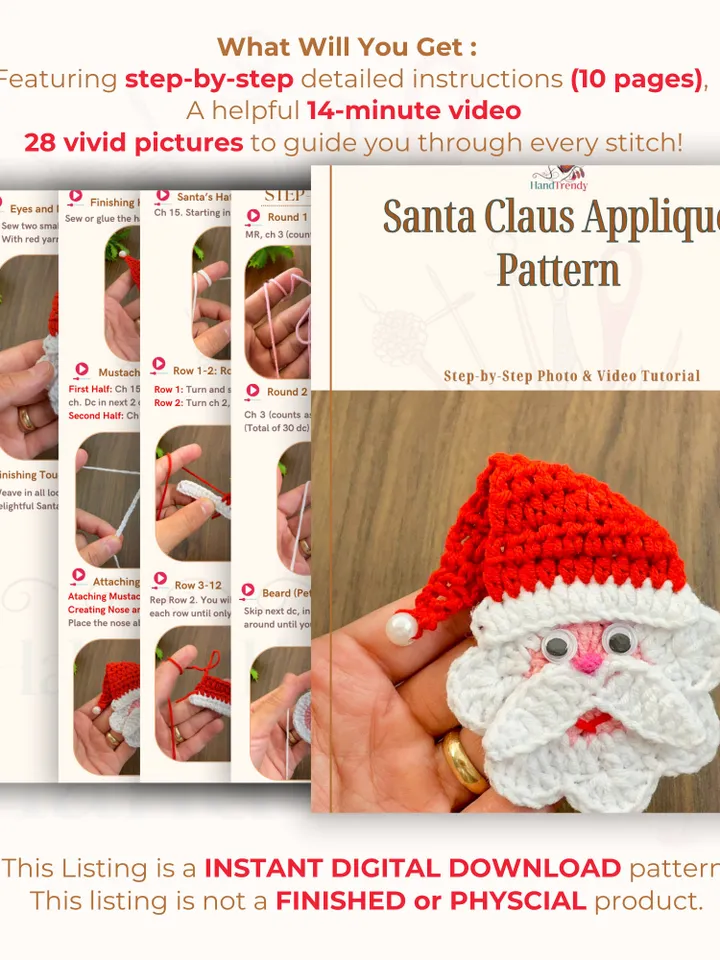 Santa Claus Applique Pattern, Christmas Crochet Tutorial for Ornament Decoration, Easy Holidays Gift Idea, Beginner Crochet