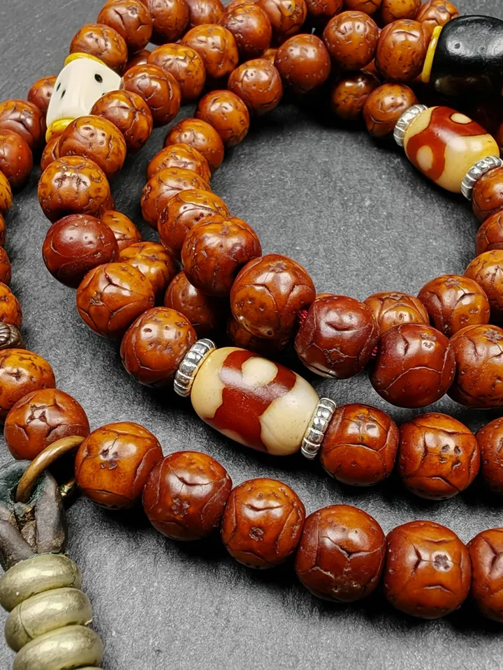Gandhanra Old Tibetan Mala,Authentic 10mm 108 Kirin Eyes Bodhi Seed Prayer Beads - Handcrafted Tibetan Rosary with Unique Mix of Treasures