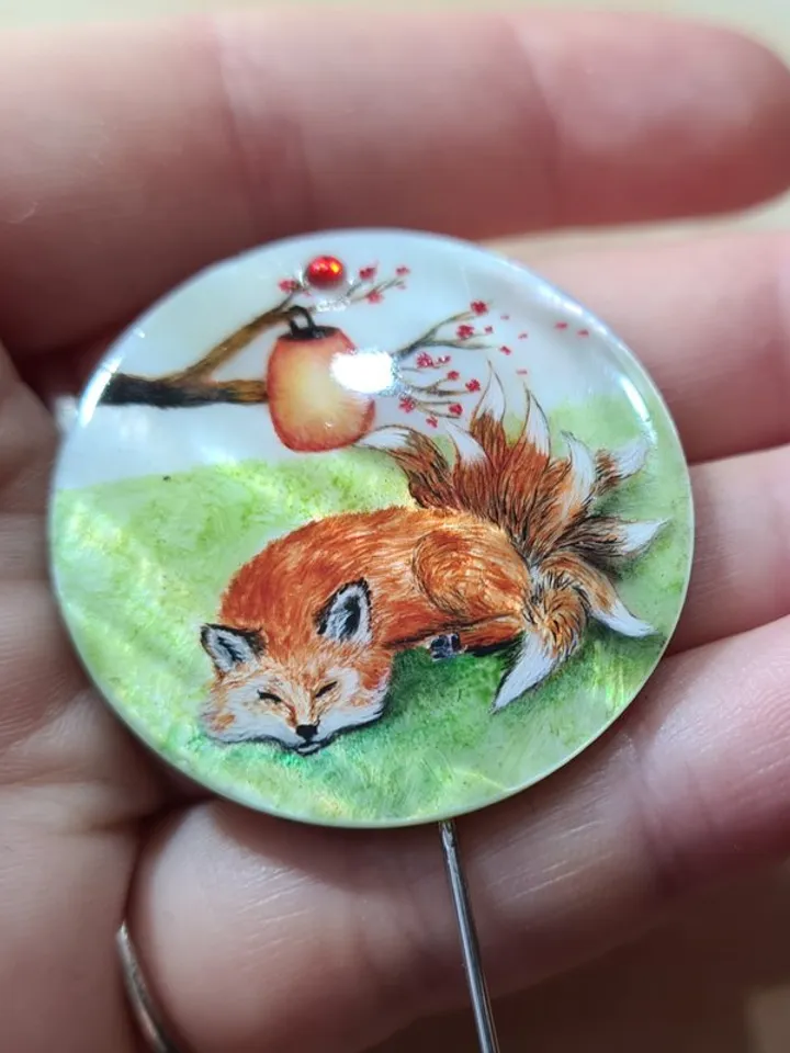 Kitsune brooch, real oil painting miniature on mother of pearl. Kitsune fox pin