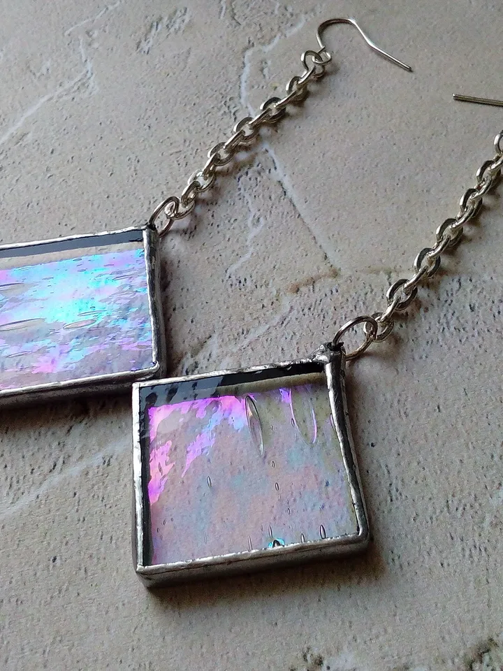 Iridescent stained glass, clear earrings, cute squar earrings, dichroic earrings, duochrome earrings
