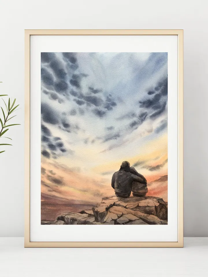 Sunset Original Seascape Painting Watercolor Romantic Painting Love Art