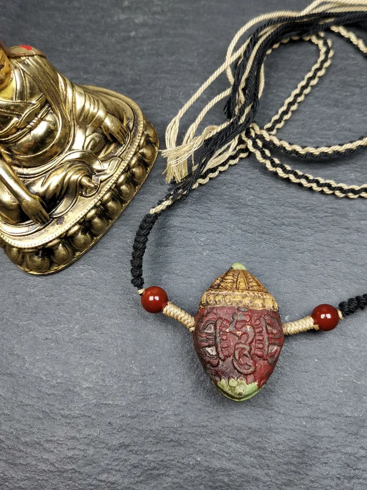 Gandhanra Old Tibetan Stupa Tsa Tsa Amulet, Double-sided Vajra and Bodhi Leaf Shape Pendant,30 Years Old
