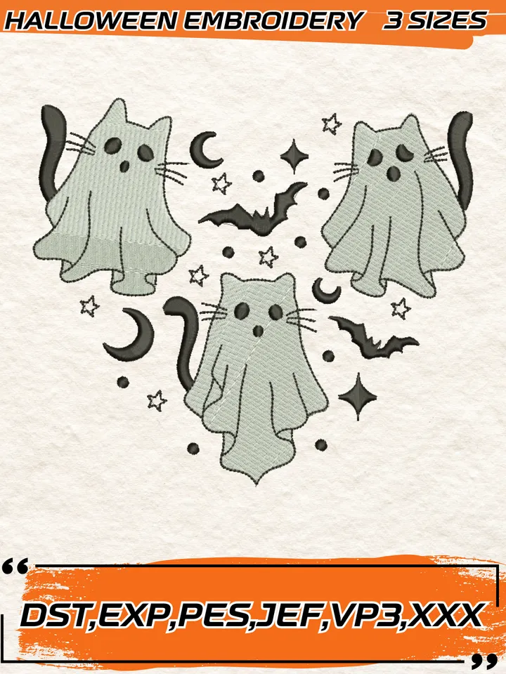 Cat Ghost Embroidery Design,Tree Halloween Ghost Cat Embroidery Design,3 Sizes, Digital Download