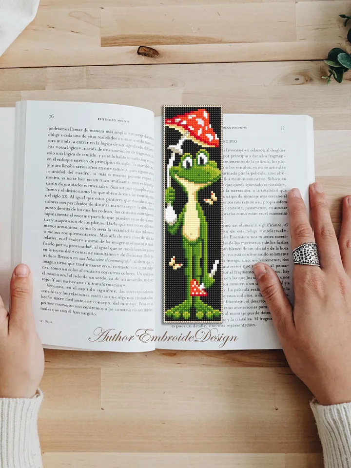 Frog bookmark cross stitch pattern PDF download Mushroom frog cross stitch chart, Funny bookmark pattern digital PDF, Frog embroidery #B371