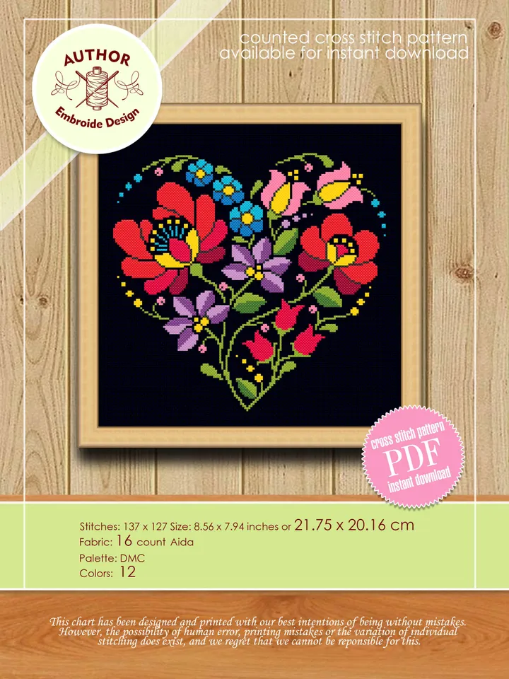 Flower heart cross stitch pattern PDF download Folk flowers cross stitch chart, Floral ornament heart shaped, Heart ornament pattern #P36