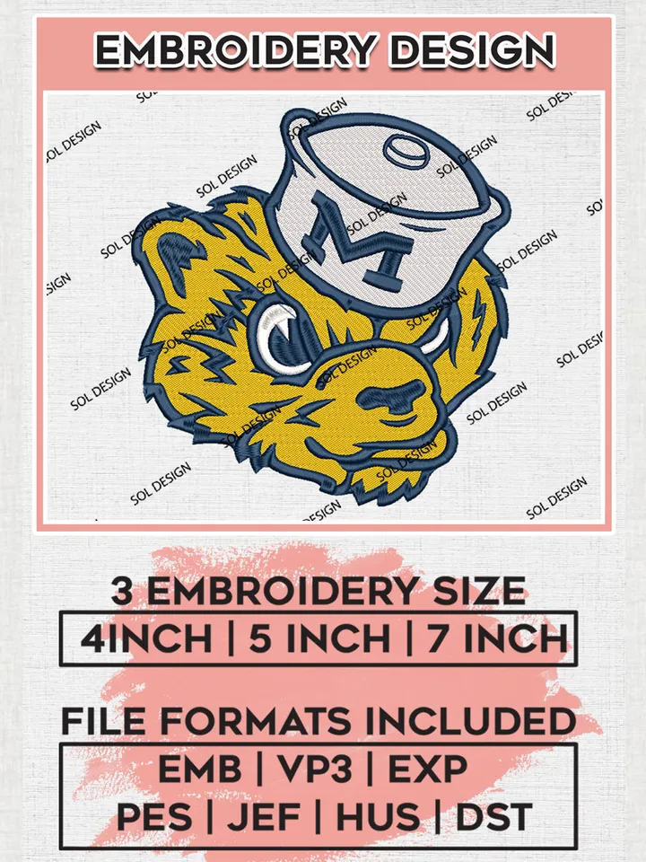 Michigan Wolverines College Football Team Mascot Logo Embroidery Design Files, NCAA Michigan Wolverines Machine Embroidery, NCAA Teams, 3 sizes, NCAA Machine embroidery designs, Digital Download