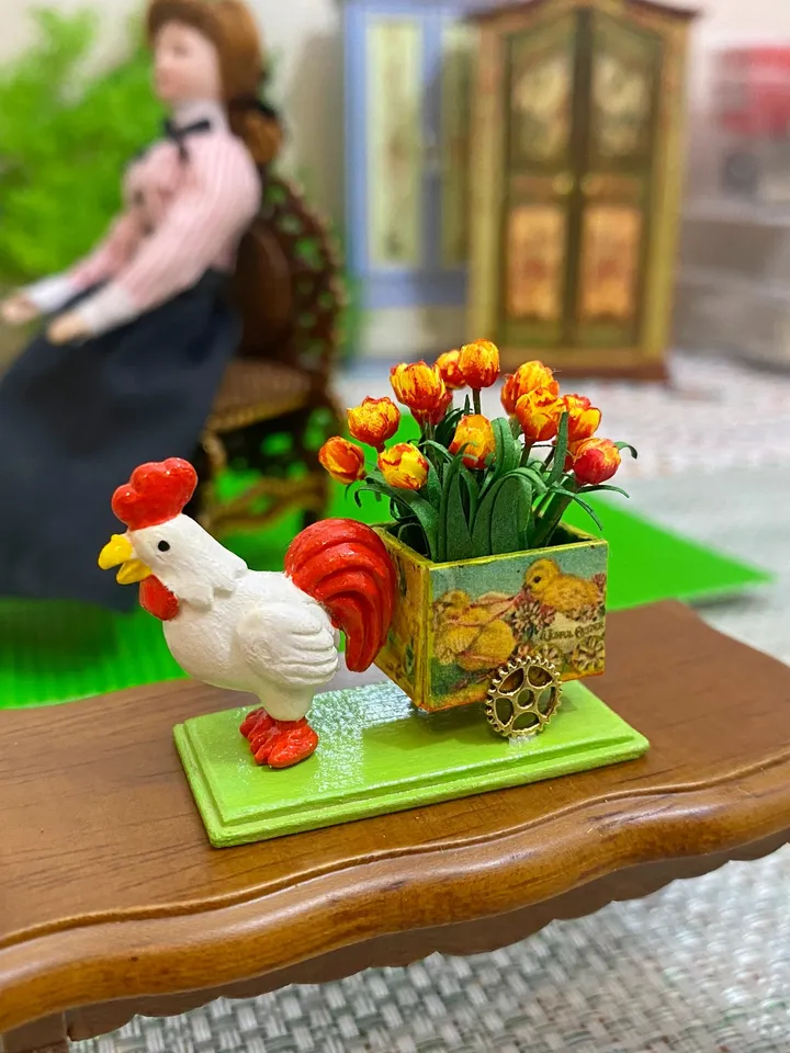Easter miniature. Cockerel with a cart of tulips. 1:12.