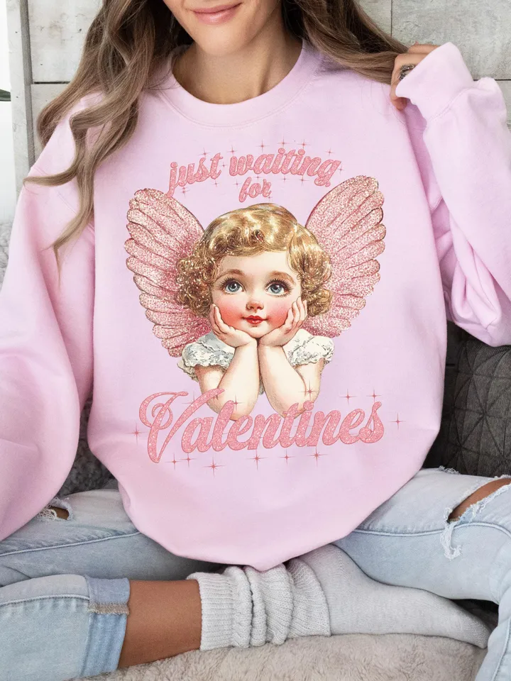 Just Waiting For Valentine's Png, Retro Valentine Shirt Design, Gold Glittered Cupid, Valentine's Day Png, Valentine Love Png Digital