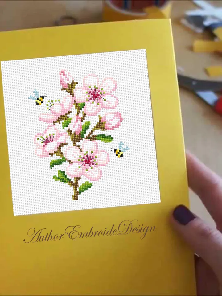Small cherry blossom cross stitch pattern PDF download Sakura flower cross stitch chart, Spring mini pattern digital PDF for beginner #P55