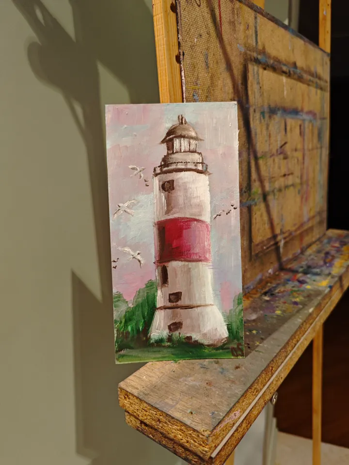 Lighthouse Original Painting Old Lighthouse Original Art Lighthouse Modern Artwork Old Lighthouse Wall Decor 4x8 inches by OlgaSokolovaArt