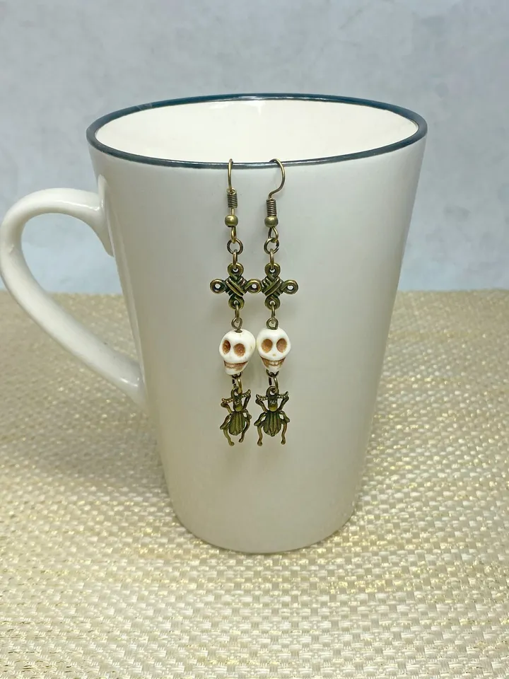 Earrings with skulls and beetles. Handmade bronze earrings.