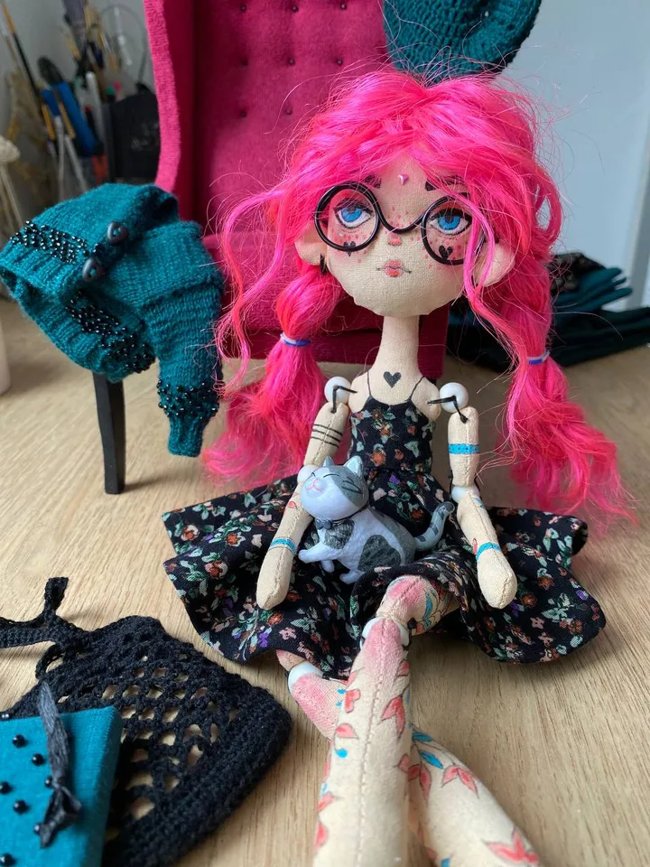 Librarian doll with pink hair and tattoo. Bookworm doll with cat
