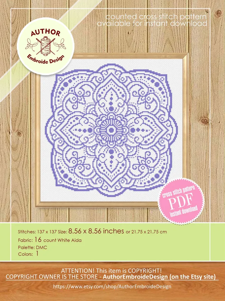 Flower mandala cross stitch pattern PDF download Monochrome cross stitch chart, Square mandala pattern digital for pillow cross stitch #M272